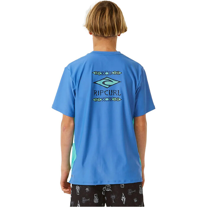 2024 Rip Curl Jungen Lost Islands Logo UPF Short Sleeve Lycra Vest 12DBRV - Blue Yonder